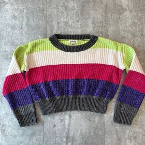 Cropped colorful striped sweater long sleeve chenille feel knit casual womens M